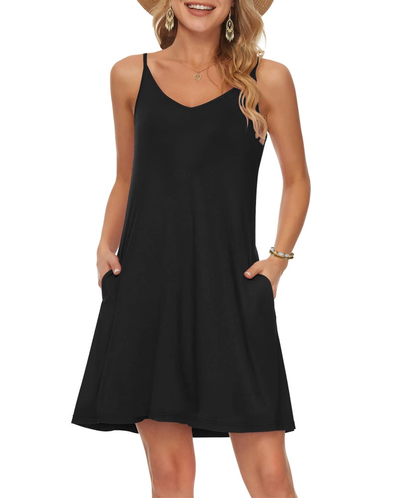 MISFAY Women's Summer Spaghetti Strap Casual Swing Tank Beach Cover Up Dress with Pockets (Black,M) - Image 1
